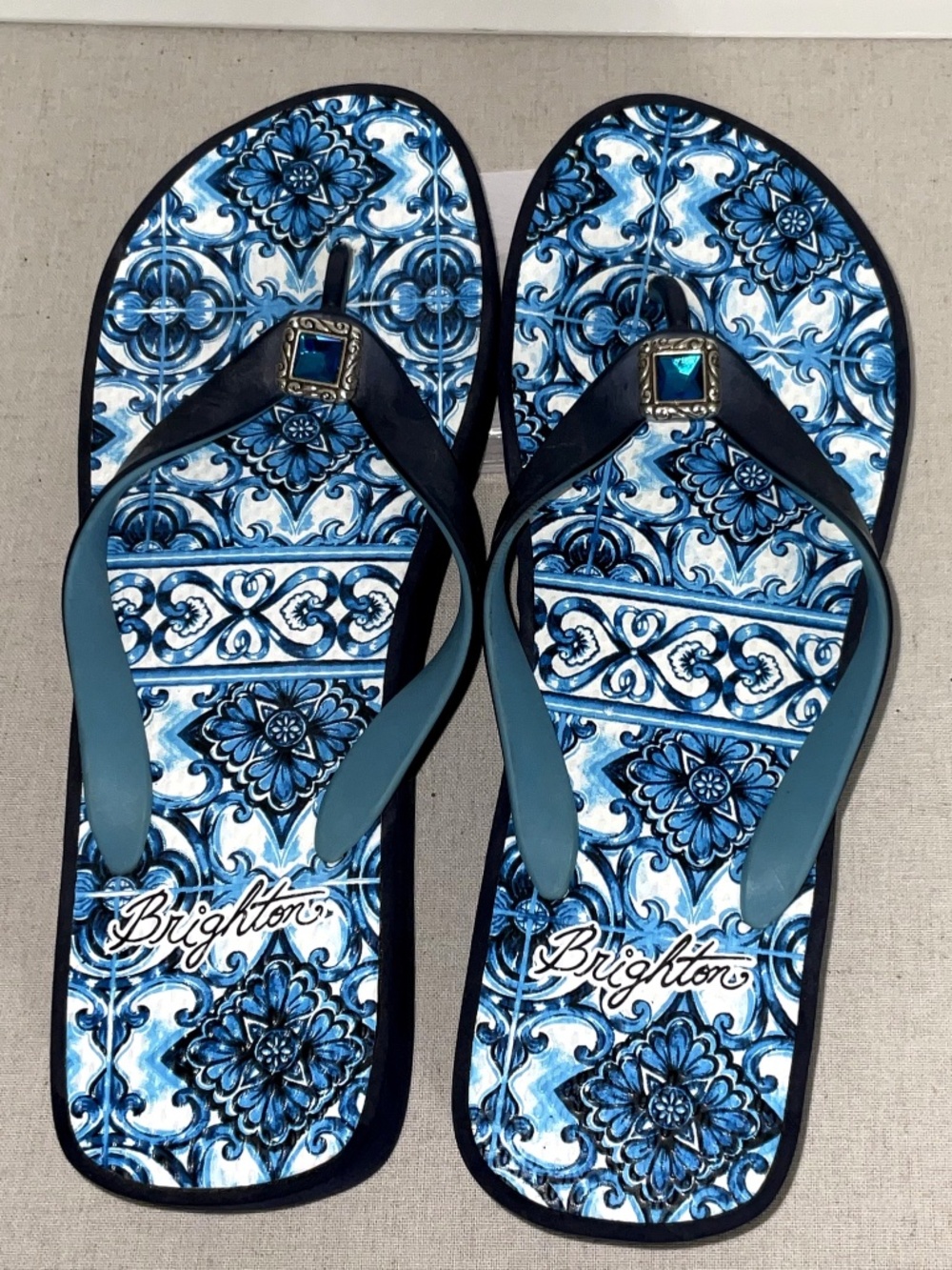 Brighton Tiles Blue Wedge Flip Flops Sandals Jeweled Toe Post Size 9